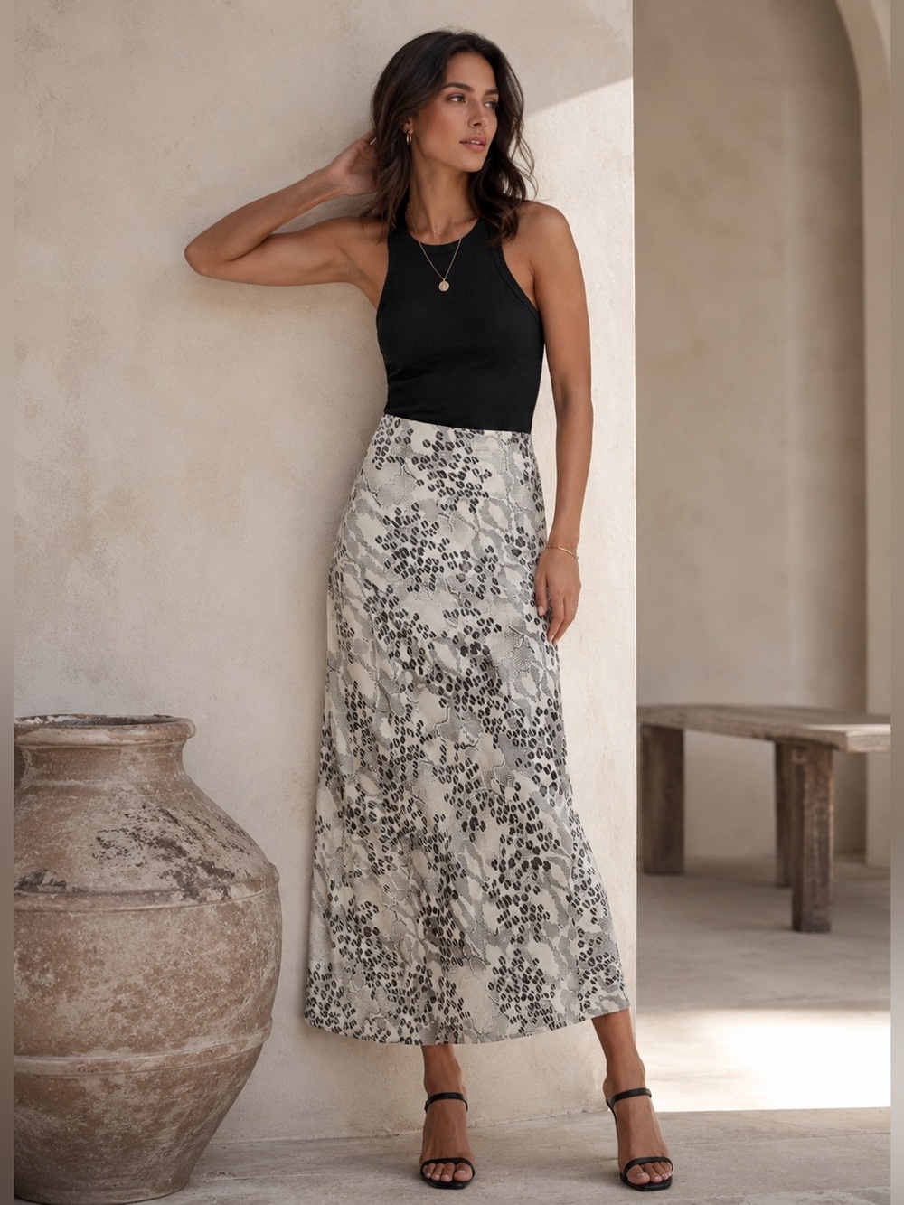 Express Abstract Animal Print Satin Midi Skirt Size M Neutral Snake Print Slip S